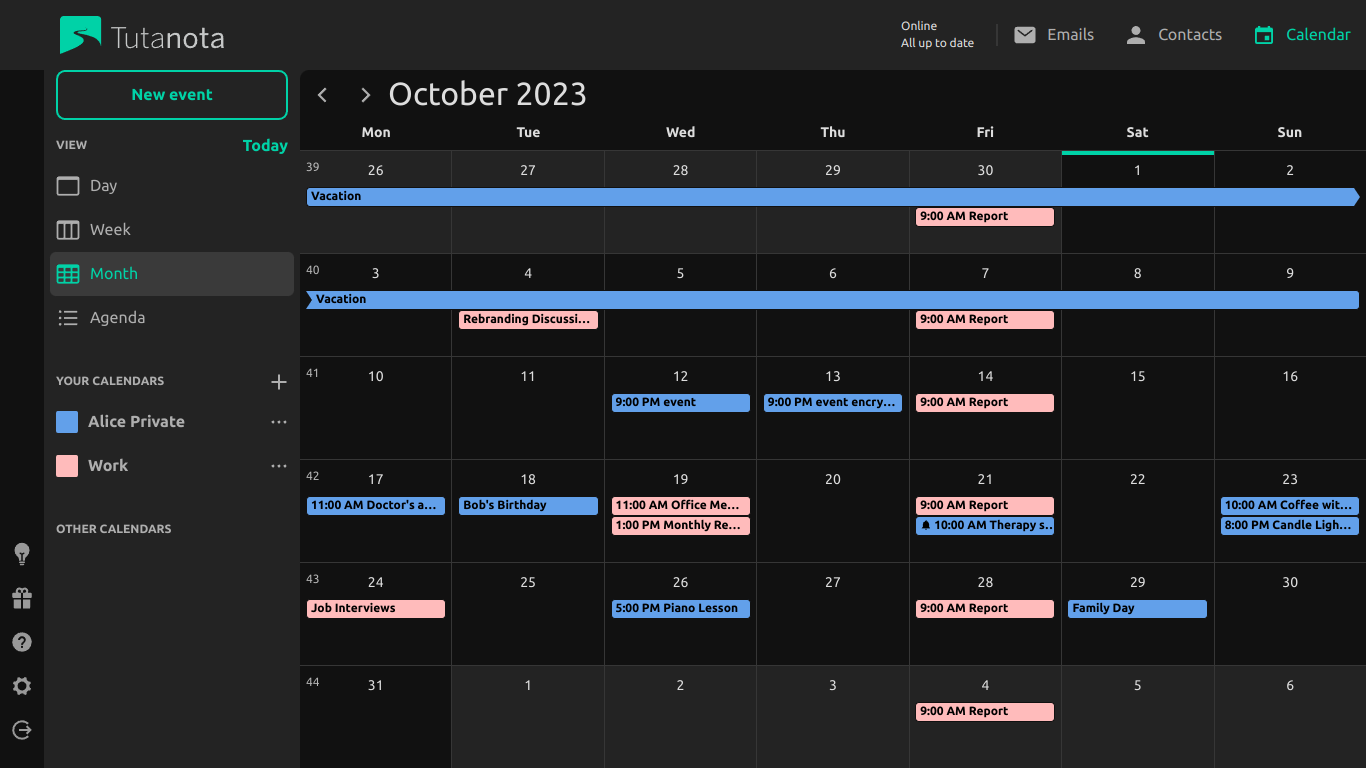 Скриншот календаря Tuta в темном режиме.