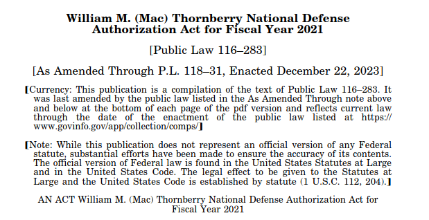 Title and headers of the National Defense Authorization Act of 2021.