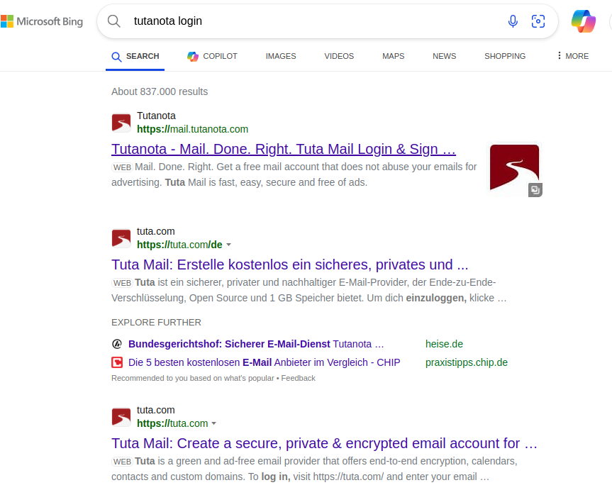 Bing-Ergebnisse bei der Suche nach "Tutanota login" in Deutschland.