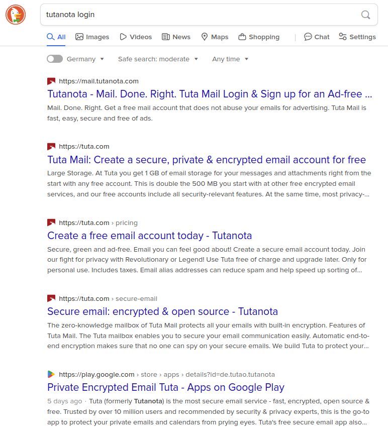 Only on Google, the Tutanota website is not displayed when searching for "Tutanota login"