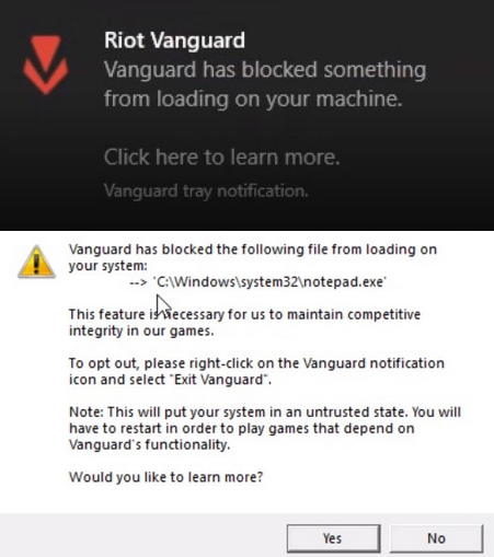 Vanguard warning notification example from Riot Customer Support site.